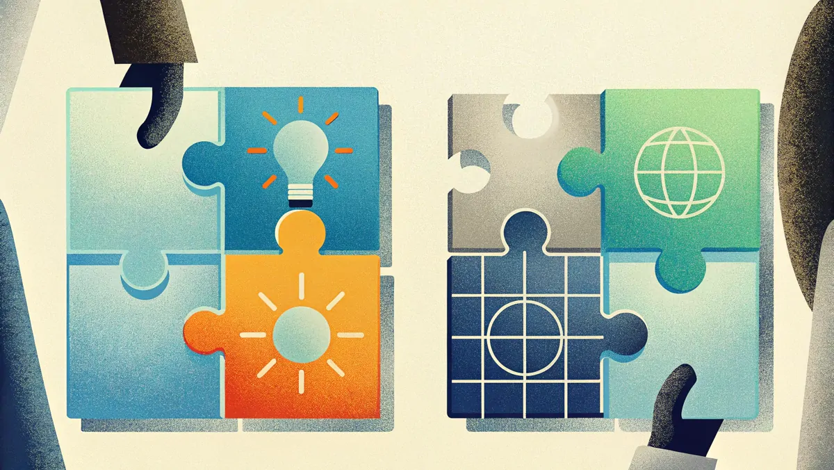 Mains assemblant des pièces de puzzle illustrées d'une ampoule, d'un soleil et d'un globe, un projet aligné avec ses valeurs