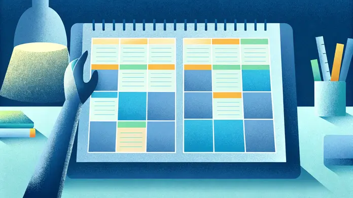 Main posée sur un agenda ouvert sous une lampe de bureau, observer son agenda pour réfléchir à son futur soi