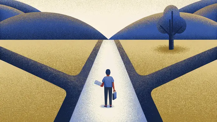 Personne avec une valise devant un chemin qui se divise, un but au-delà de la survie selon Viktor Frankl