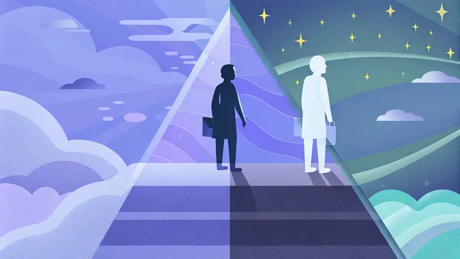 Dirigeant sombre face à une version lumineuse de lui-même sous un ciel étoilé - coaching mindset entrepreneur et transformation intérieure