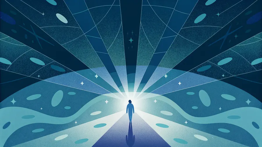 Silhouette de dirigeant marchant vers une lumière intense au bout d'un couloir cosmique - test de préparation à la transformation entrepreneuriale par le coaching mindset