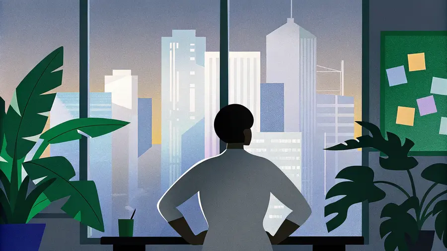 Dirigeant de dos face à la skyline urbaine depuis son bureau avec tableau de post-its - entrepreneur qui contemple la croissance de son business et ses blocages inconscients