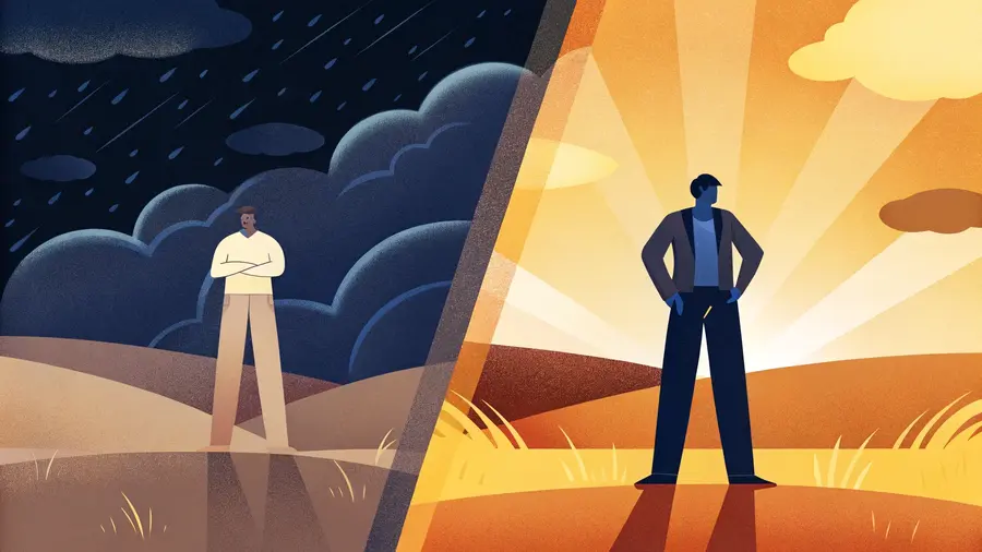 Dirigeant sous la pluie et l'orage à gauche, même dirigeant confiant face au soleil à droite - transformation du leadership ego-centré vers le leadership authentique par le coaching mindset