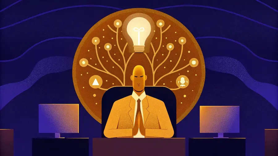 Dirigeant en costume les mains jointes avec une ampoule lumineuse et des ramifications au-dessus de sa tête - critères pour choisir son coach mindset entrepreneur et développer son intuition business