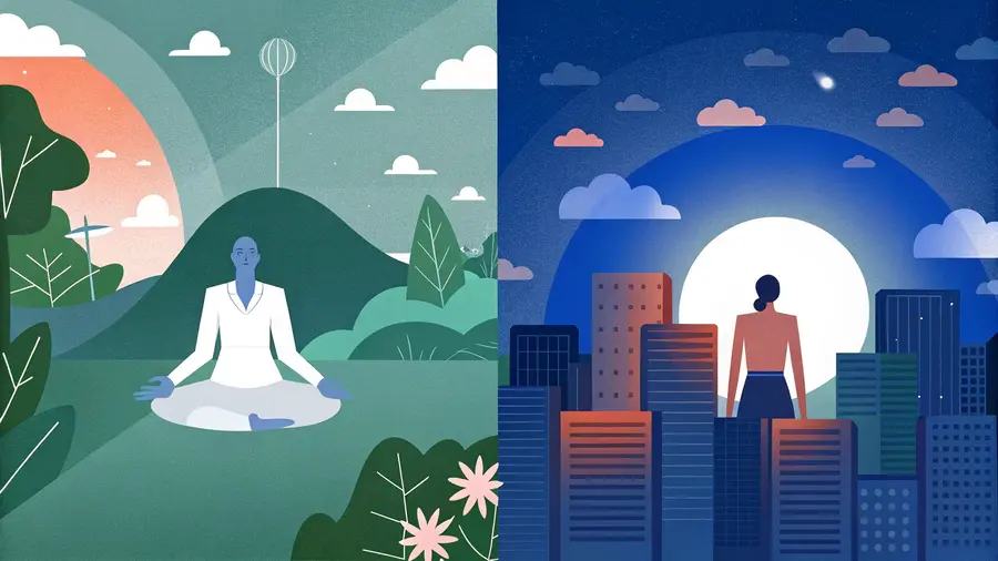 Femme en méditation dans la nature à gauche, dirigeante face aux buildings urbains la nuit à droite - spiritualité incarnée vs business matérialiste, fausse opposition entrepreneuriale