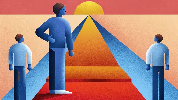 Silhouettes debout autour d'une pyramide lumineuse, une transformation personnelle
