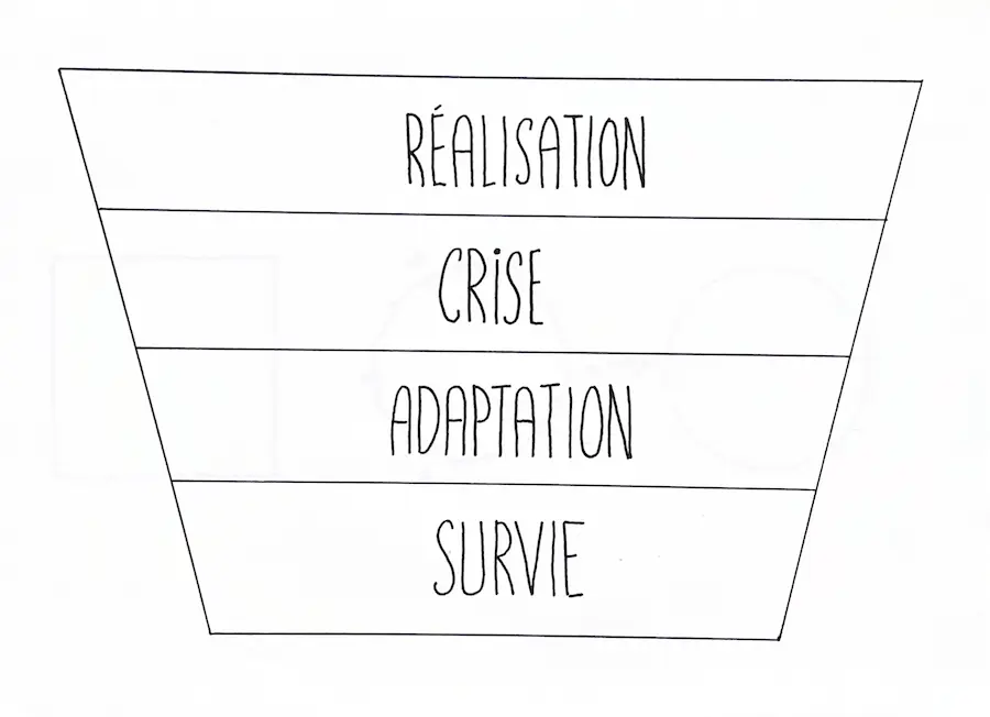 Schéma des 4 niveaux de conscience selon George Jaidar - survie, adaptation sociale, transcendance et plénitude en coaching spirituel