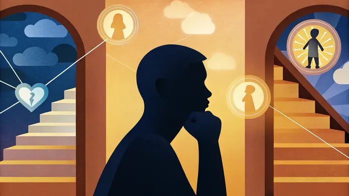 Silhouette en profil pensif entourée de symboles - cœur brisé, enfant intérieur et escaliers - croyances limitantes et blessures d'enfance