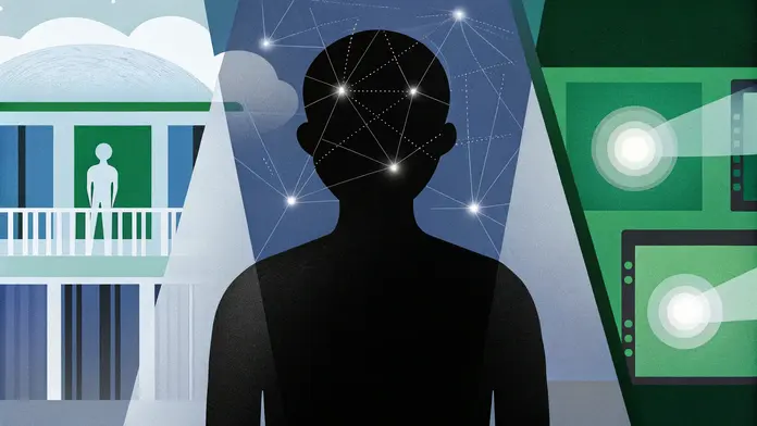 Silhouette avec réseau de connexions lumineuses dans la tête entre deux environnements - reprogrammation des croyances limitantes et inconscient