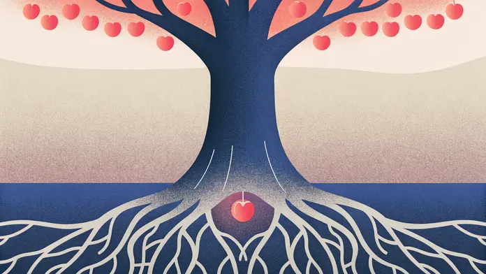 Arbre aux fruits en forme de cœur avec une graine lumineuse enfouie dans les racines — illustration de la métaphore graine et fruits pour les croyances d'enfance