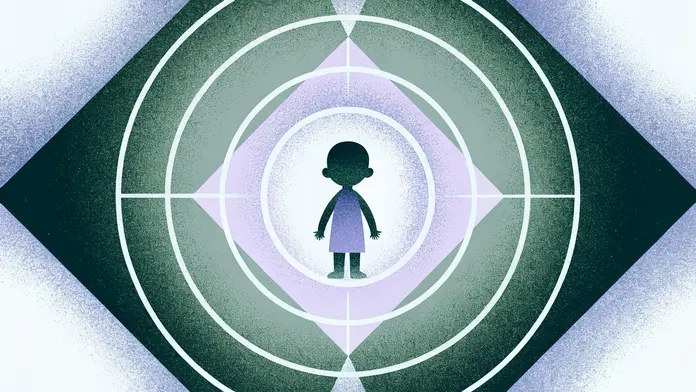 Enfant au centre de cercles concentriques de protection — illustration des systèmes de protection inconscients qui entourent l'enfant intérieur blessé