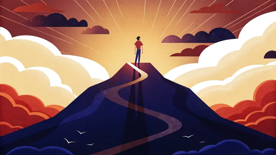 Personne au sommet d'une montagne face à un lever de soleil doré - sortir du jamais satisfait et retrouver la satisfaction authentique