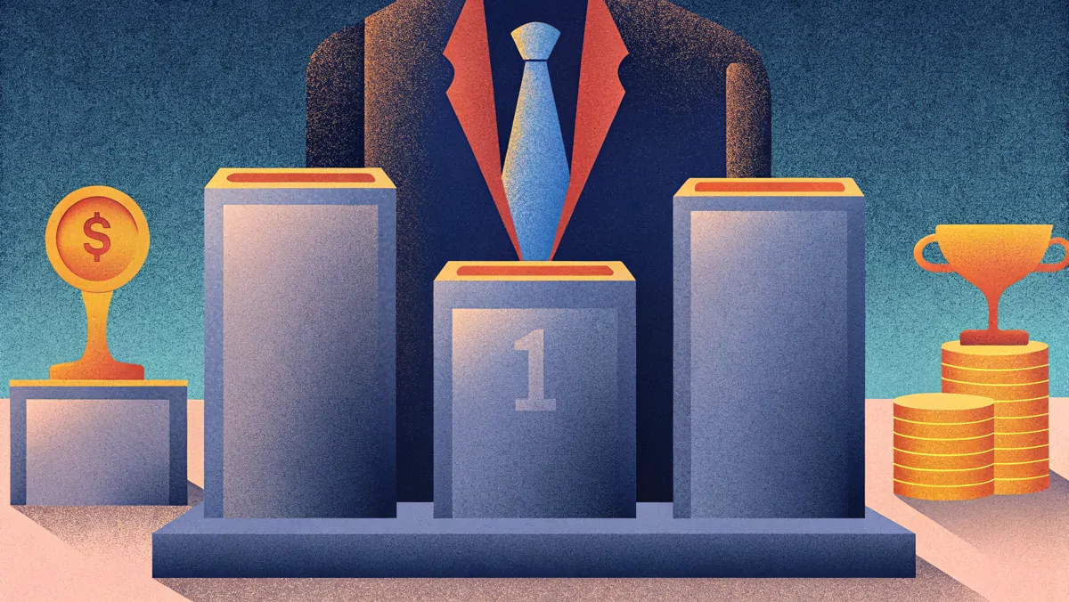 Silhouette en costume sur un podium entourée de trophées et pièces d'or - développement personnel et vide intérieur malgré le succès extérieur