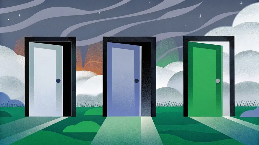 Trois portes ouvertes de couleurs différentes dans un paysage nocturne - choix de techniques de reprogrammation du subconscient
