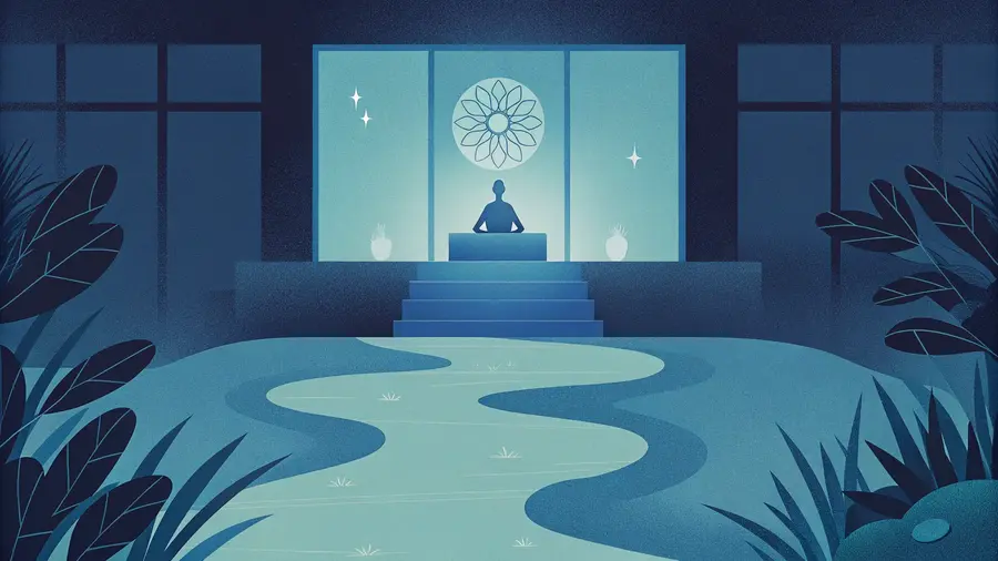 Silhouette en méditation sur un autel face à une rosace lumineuse dans un jardin nocturne - spiritualité incarnée vs spiritualité classique