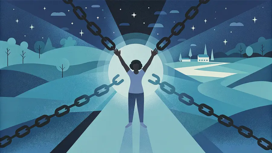 Personnage les bras levés brisant des chaînes dans un paysage nocturne étoilé - libération des blocages inconscients et reprogrammation du subconscient