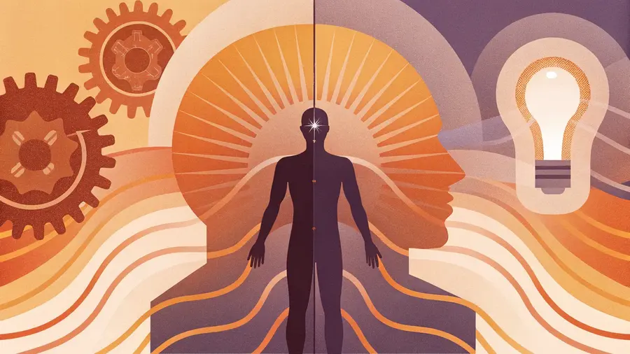 Silhouette lumineuse entre deux profils de tête avec engrenages et ampoule - connexion entre conscient et subconscient pour transformer sa réalité
