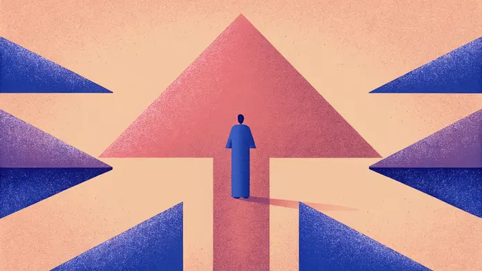 Personnage debout au centre d'une grande flèche rose entourée de triangles bleus - coaching psycho-spirituel et transformation vers sa véritable nature